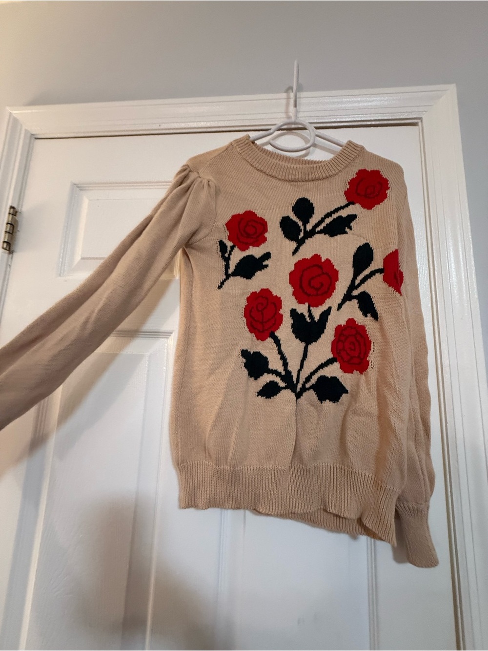 Beige Crewneck Sweater with Red Rose Embroidery